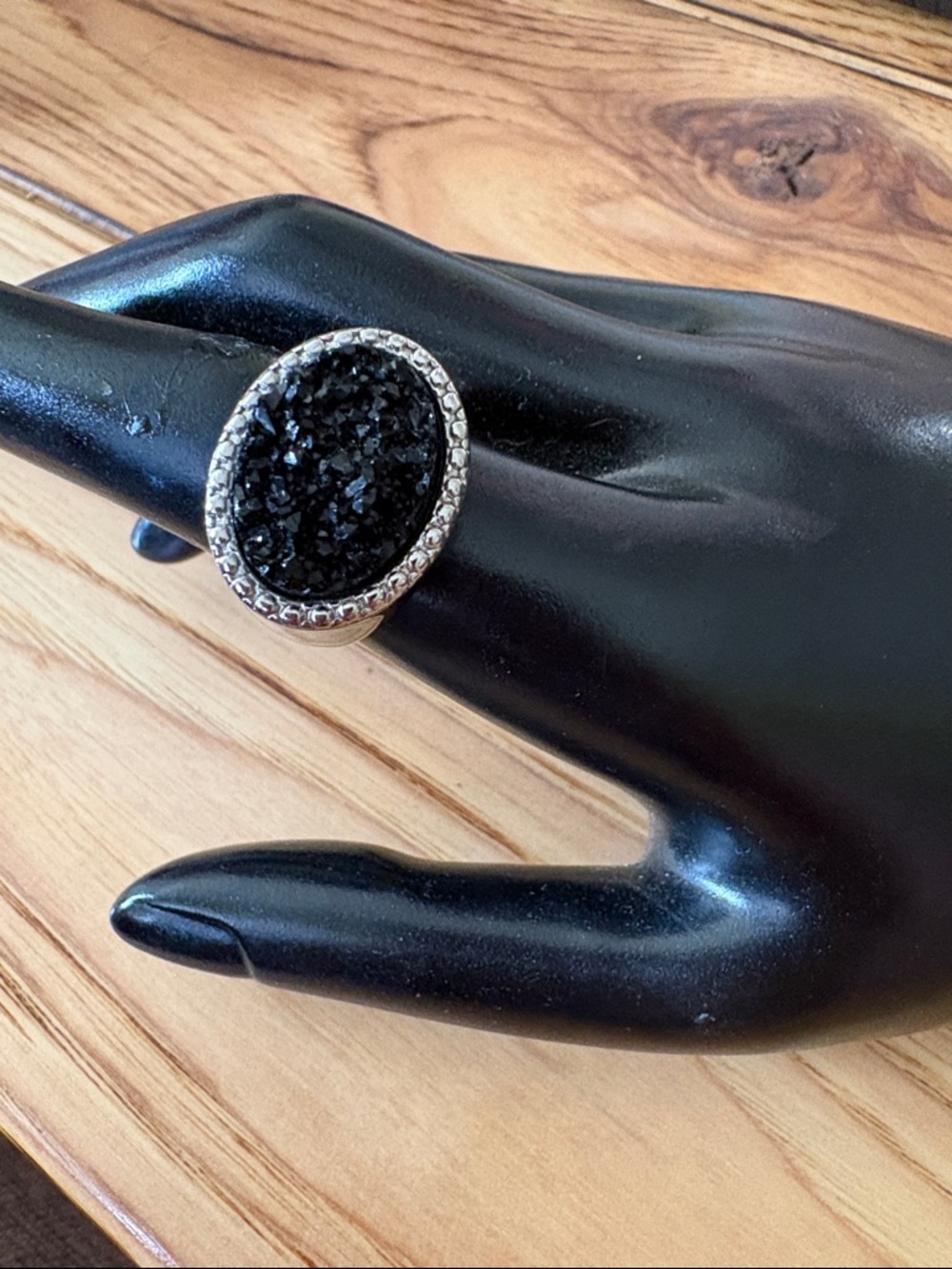 Silver Ring with Black Druzy Oval Stone - Women Jewelry